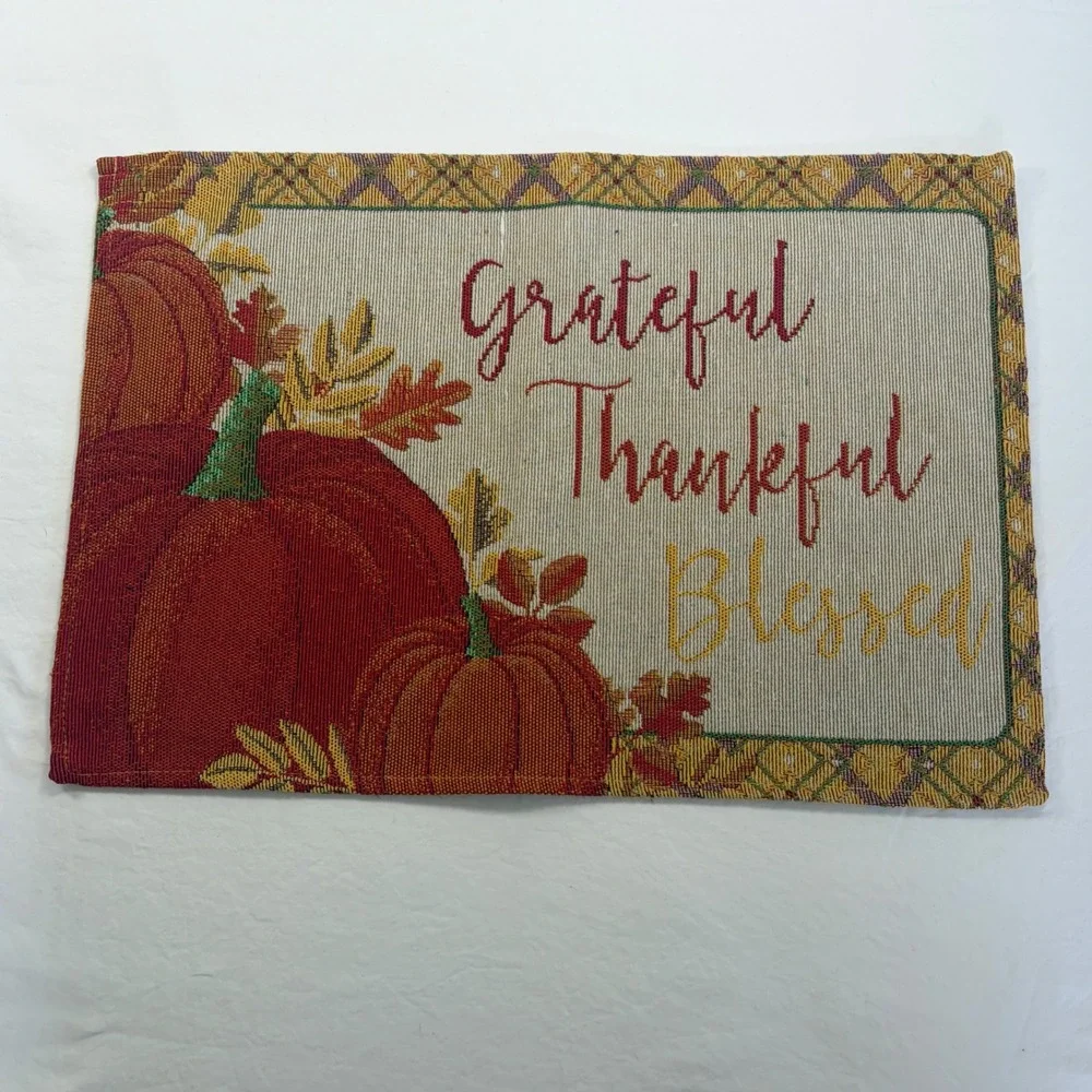 Grateful Thankful Blessed Pumpkin Tapestry Placemats Set of 4 Fall Harvest Decor